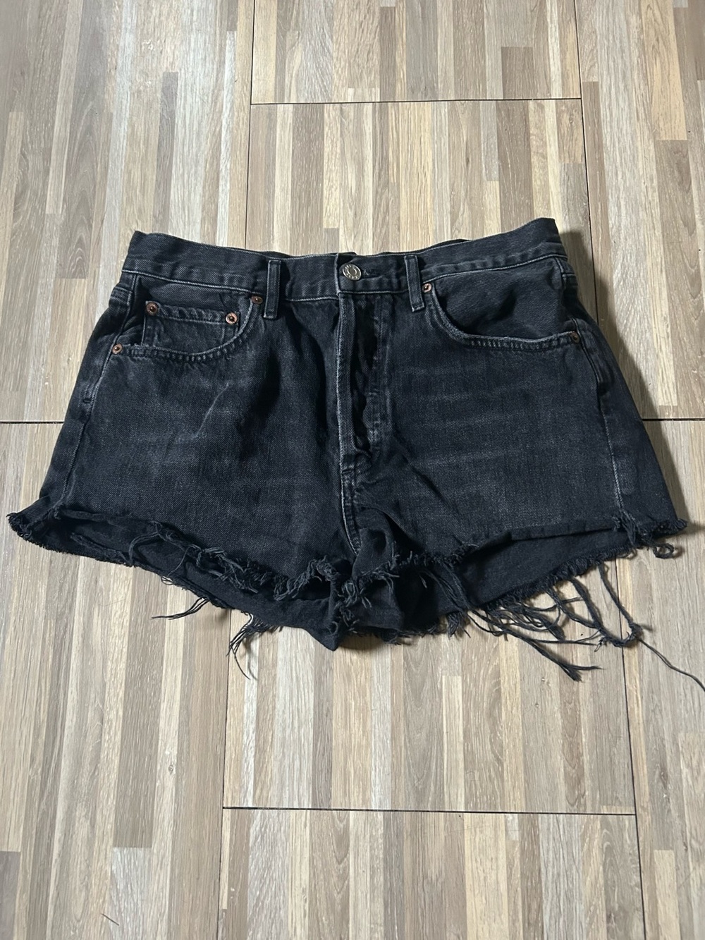 Agolde Parker Black Denim Raw Hem Cut Off Button Fly High Rise Shorts Size 27